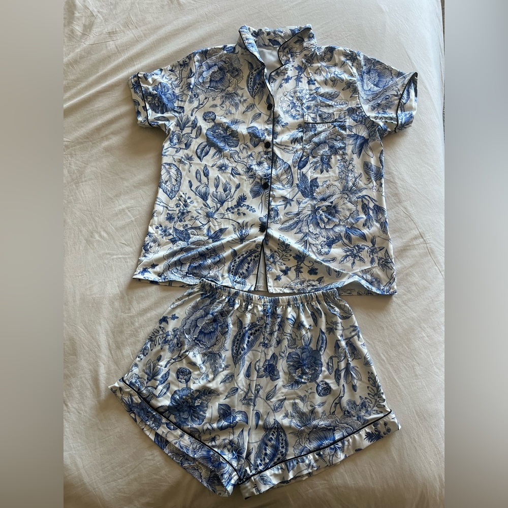 Matching satin pajama set with blue floral pattern size medium